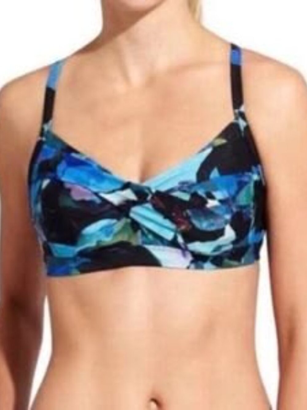 Athleta Women's Twist Front Bra Swimsuit Bikini Top in Blue Black Print 34B/C